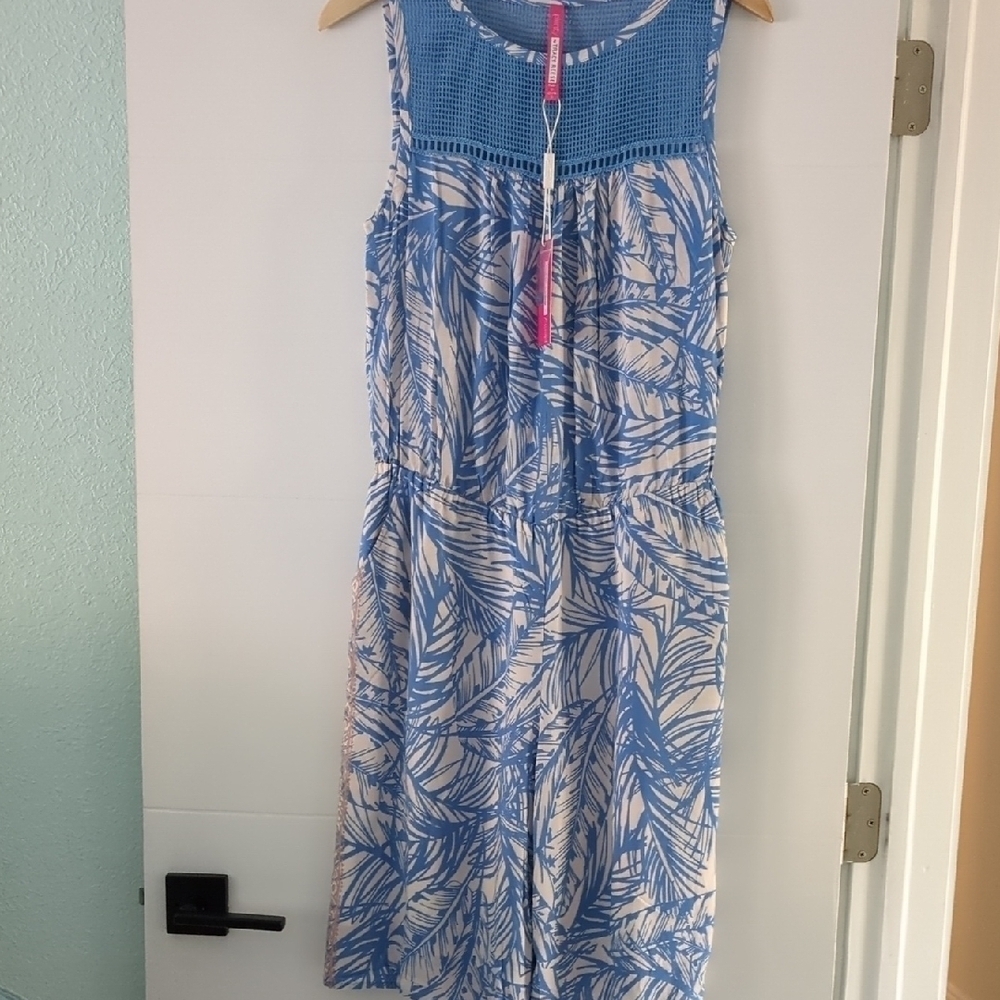 Tracy Reece Lightweight Easy Romper In Blue and White Leaves & Boughs Print Smal